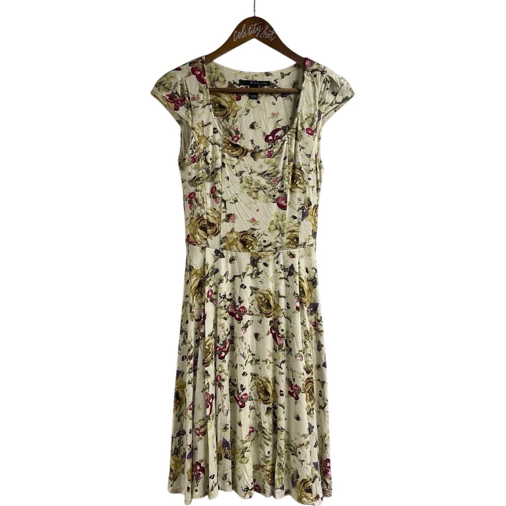 MNG by Mango Floral Sun Dress XS Short Sleeve Knee Length Fit Flare Cap Sleeve